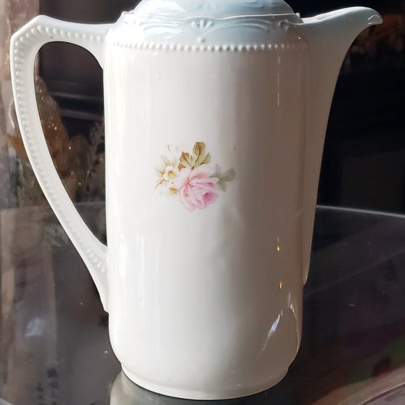 ANTIQUE GERMAN PORCELAIN CERAMIC PINK ROSES CHOCOLATE COFFEE TEA POT - Picture 13 of 14